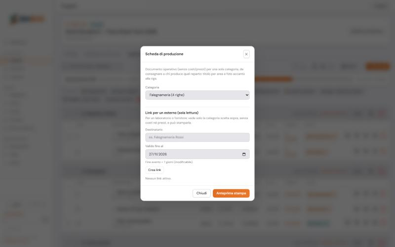 La finestra «Scheda di produzione»: categoria, destinatario e data di scadenza del link
